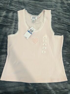 Just Polly Baby Soft Pink Lace Trim Tank Top with Gingham Heart Size L